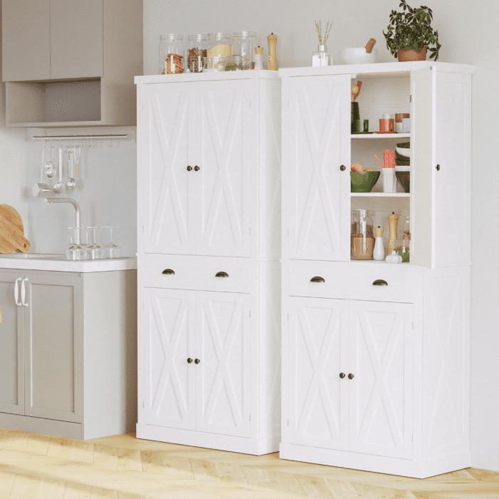 Kitchen Pantry Storage Cabinet 72.6" H, with Barn Doors, Drawer, 4 Adjustable Shelves, Freestanding Cupboard for Dining Room Living Room, Laundry, White - Image 4