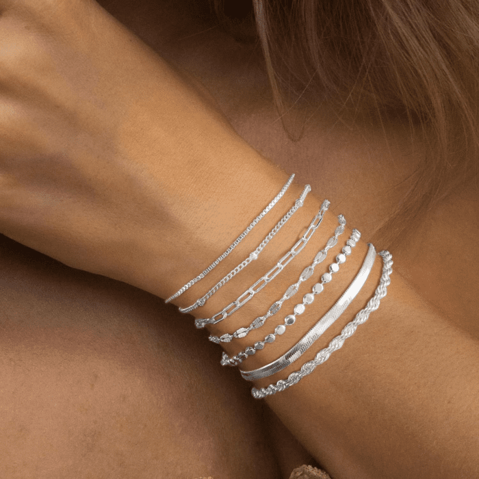 Silver Bracelets for Women Trendy Waterproof Silver Dainty Bracelet Stack Adjustable Layered Bracelet Set Minimalist Fashion Jewelry - Image 3