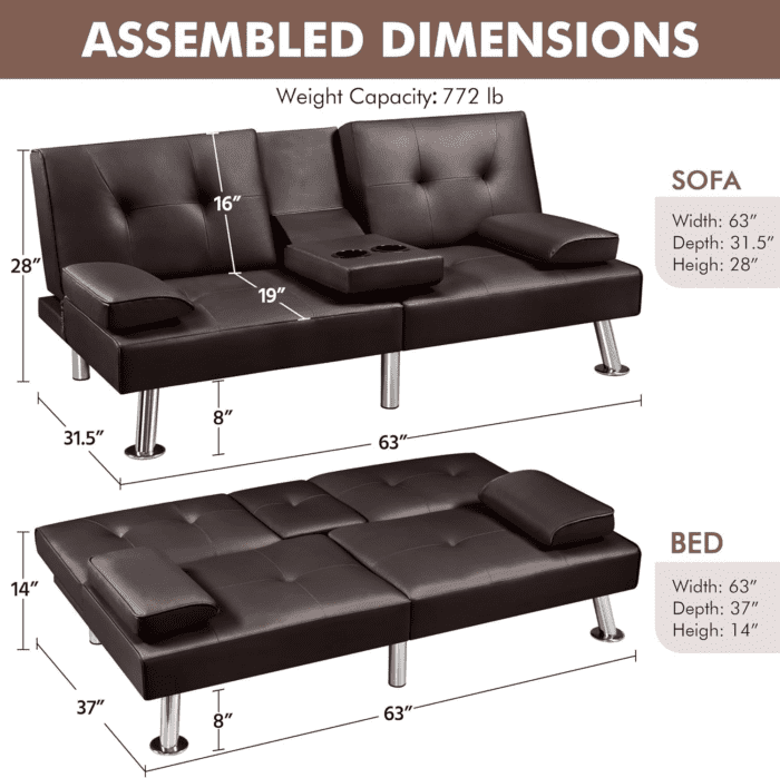 Convertible Sofa Adjustable Couch Sleeper Modern Faux Leather Home Reversible Loveseat, Removable Armrests, 3 Angles, 772Lb Capacity, Espresso - Image 3