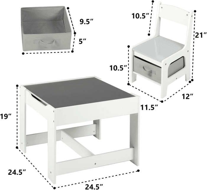 Kids Wood Table & 2 Chairs Set, 3 in 1 Children Activity Table W/Storage, Removable Tabletop, Blackboard, 3-Piece Toddler Furniture Set for Art, Crafts, Drawing, Reading, Playroom, Grey - Image 9