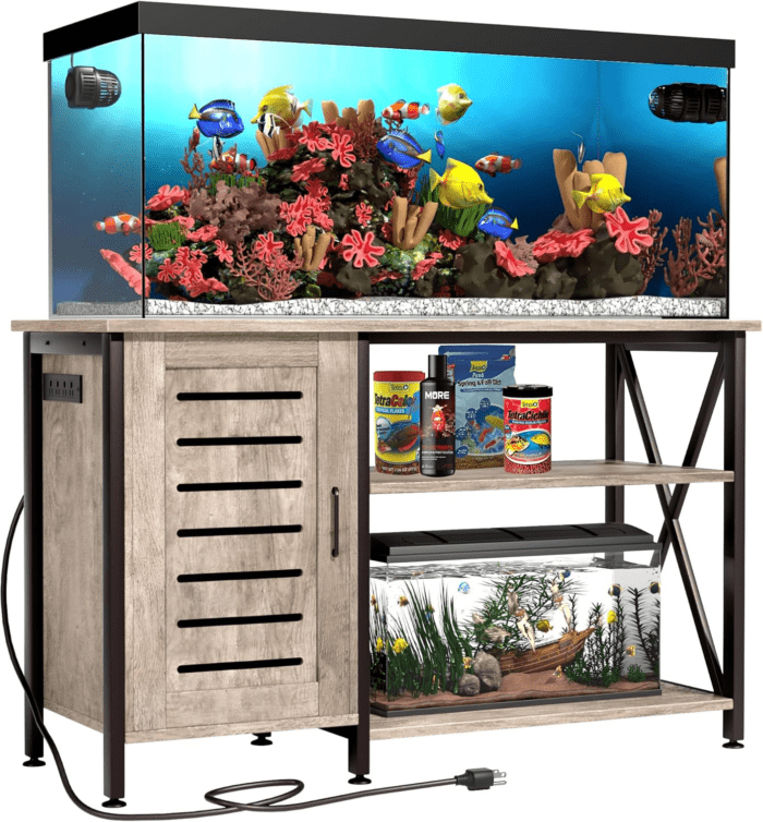 55-75 Gallon Fish Tank Stand, Aquarium Stand with Power Outlets and Cabinet for Fish Tank Accessories Storage, Heavy Duty Metal Frame, 52" L*19.68" W Tabletop, 1200LBS Capacity, Grey PG05YGZ