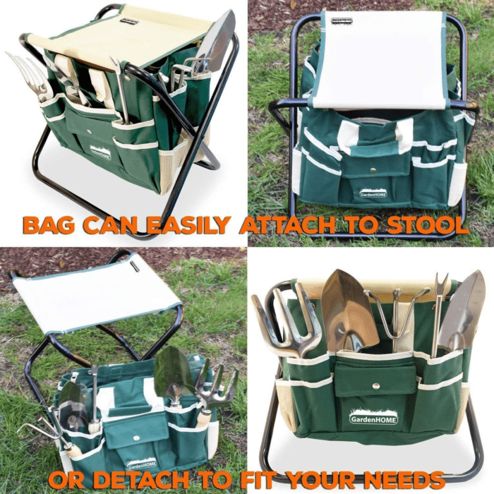 Garden Tool Set, Stainless Steel 7 Piece Tool Set, Heavy Duty Folding Stool, Detachable Canvas Tote Bag, Gardening Tool Kit Organizer - Image 7