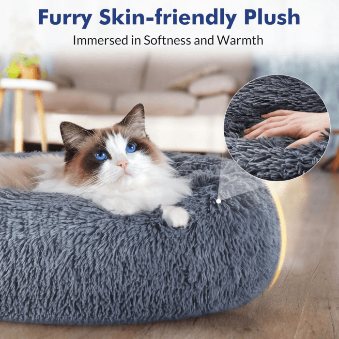 Cat Beds for Indoor Cats, 20 Inches Cat Bed Machine Washable, Fluffy round Pet Bed Non-Slip, Calming Soft Plush Donut Cuddler Cushion Self Warming for Small Dogs Kittens, Dark Grey, Medium - Image 2