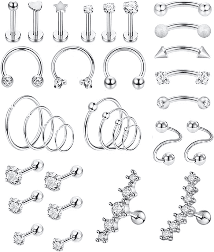 32Pcs Stainless Steel Cartilage Stud Earrings for Women Conch Helix Tragus Daith Conch Hoop Earing Piercing Jewelry Set