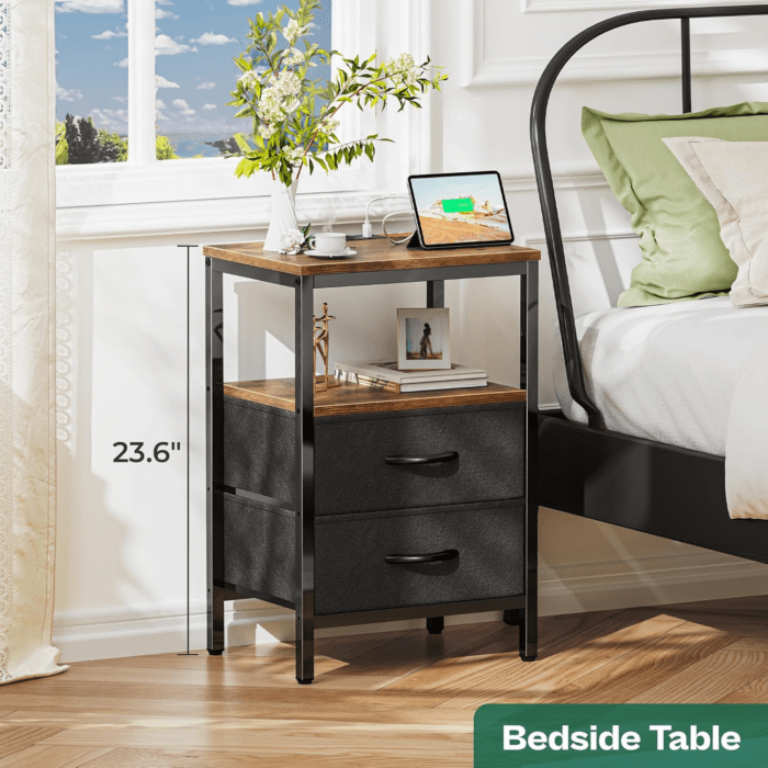 Nightstand with Charging Station, Side Table with Fabric Drawers, End Table with Open Shelf, Bedside Table with USB Ports and Outlets, Night Stand for Bedroom, Rustic Brown and Black - Image 4