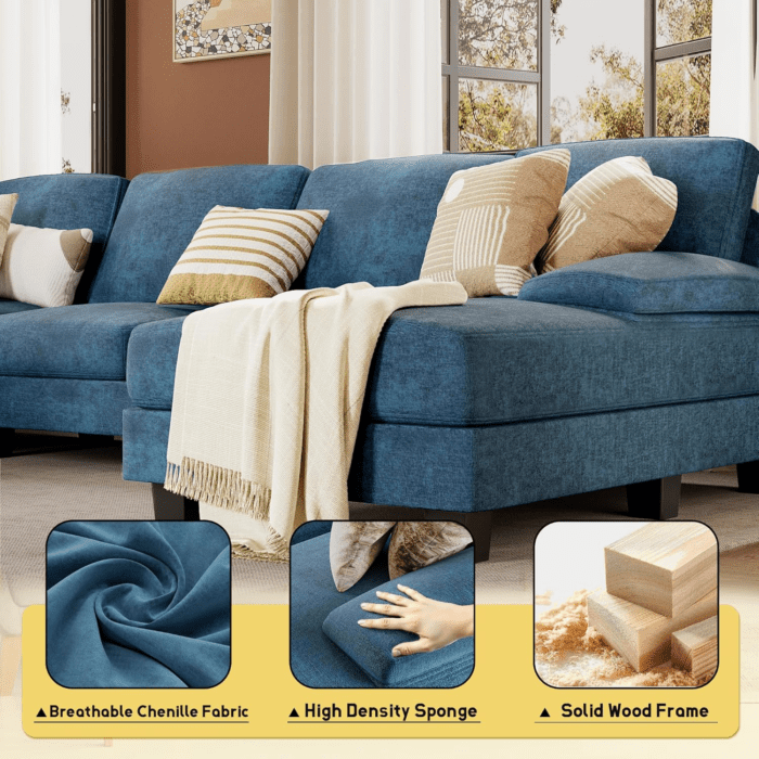 Sectional Couches for Living Room, U Shaped Couch with Chenille Fabric, 4 Seat Modern Sofa with Removable Pillows for Apartment and Small Space (Fabric, Blue) - Image 5