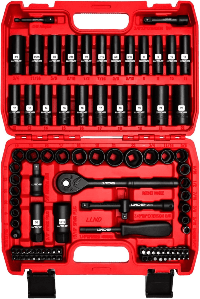 3/8”Drive Impact Socket Set,Standard SAE(5/16 to 3/4-Inch) Metric Size(8-22Mm), 95 Piece, CR-V Steel Deep&Shallow Kit, Adapters, Ratchet Handle, Screwdriver Bit Set, Spark Plug Socket, 6 Point