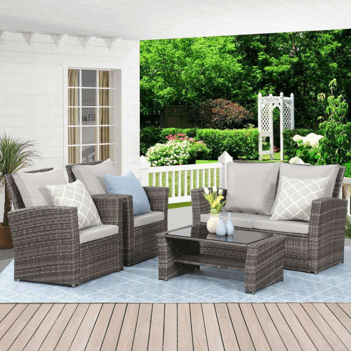 4 Piece Outdoor Patio Furniture Sets, Wicker Conversation Set for Porch Deck, Gray Rattan Sofa Chair with Cushion - Image 2