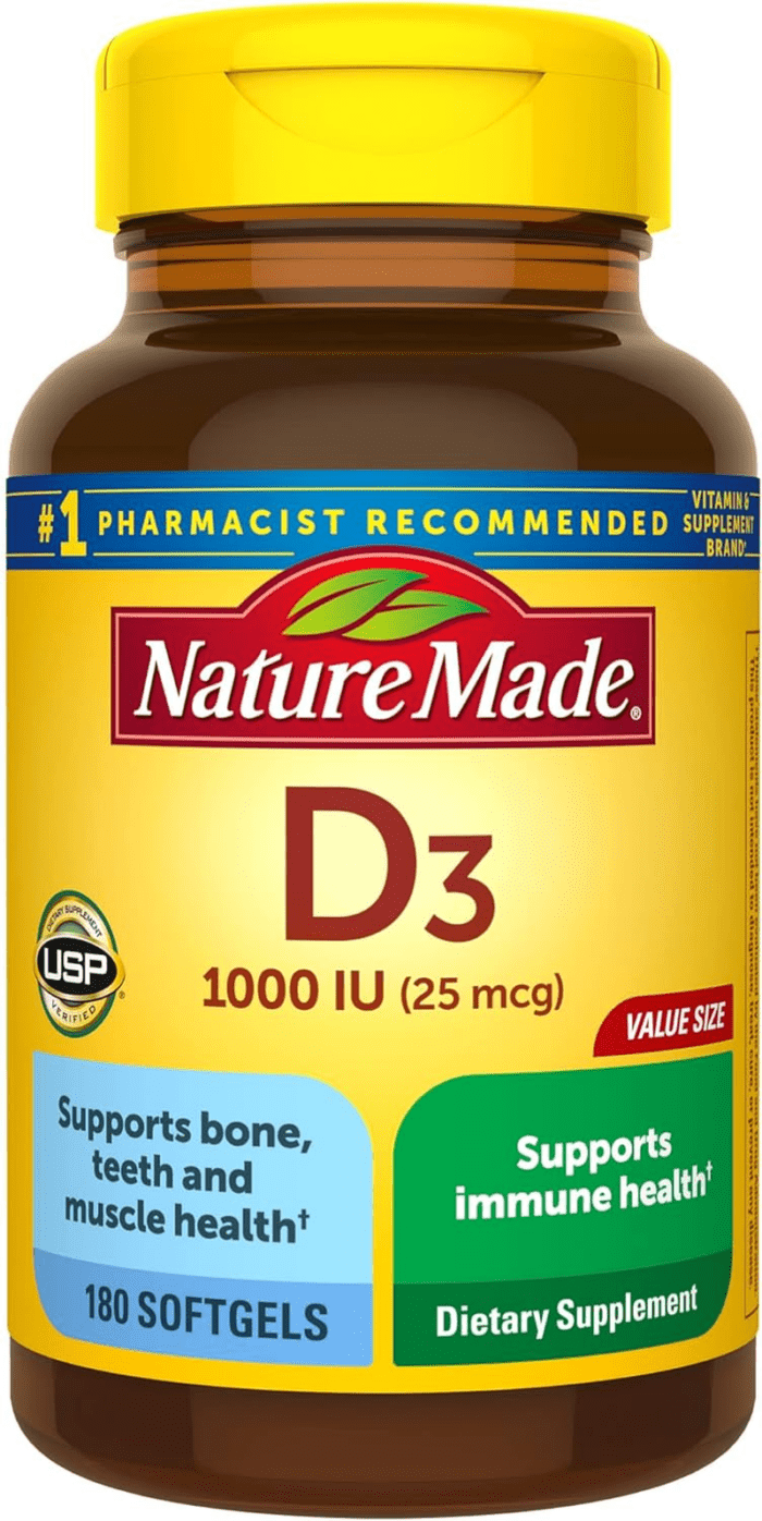 Vitamin D3 1000 IU (25 Mcg), Dietary Supplement for Bone, Teeth, Muscle and Immune Health Support, 180 Softgels, 180 Day Supply