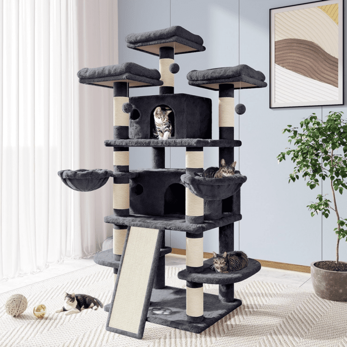 68 Inches Cat Tree House with Condo, Scratching Post, and Multi-Level Towers for Cats - Smokey Grey