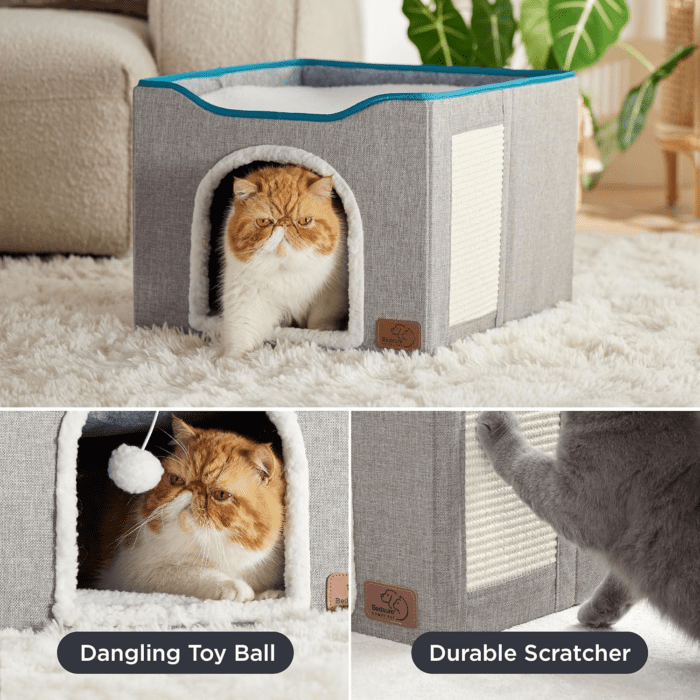 Cat Beds for Indoor Cats - Large Cat Cave for Pet Cat House with Fluffy Ball Hanging and Scratch Pad, Foldable Cat Hideaway,16.5X16.5X13 Inches, Grey - Image 4