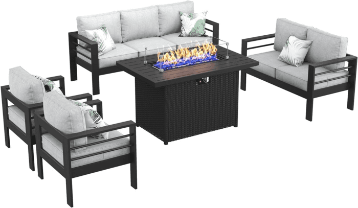 Aluminum Furniture Set with Fire Pit Table, 5 Pieces Patio Sectional Conversation Chat Sofa Modern Seating Set - Image 2