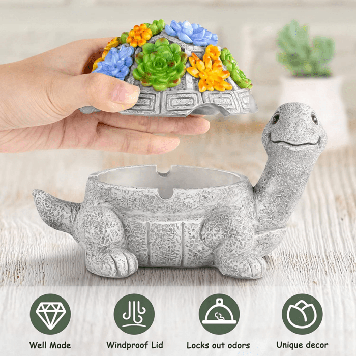 Ashtray, Outdoor Ashtray with Lid Smokeless Waterproof Ash Tray with Cute Turtle Decor, Resin Ashtray for Cigarettes Home Office, Porch Patio Decorations Outdoor Indoor Ashtray - Image 2