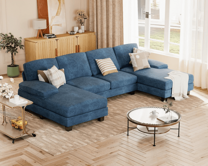 Sectional Couches for Living Room, U Shaped Couch with Chenille Fabric, 4 Seat Modern Sofa with Removable Pillows for Apartment and Small Space (Fabric, Blue) - Image 6