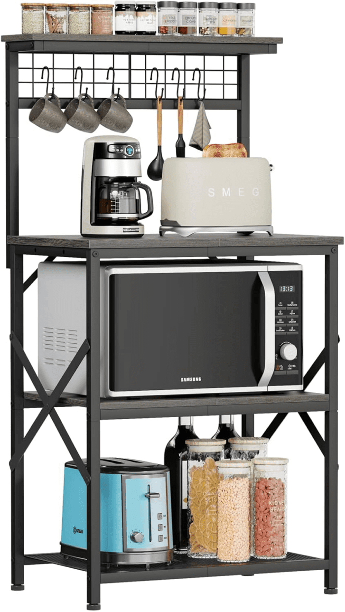 Kitchen Bakers Rack, Microwave Stand with Storage 4 Tiers, Coffee Bar Station with 6 S Hooks and Pegboard, Kitchen Shelves Rack for Spices, Pots, Black Oak