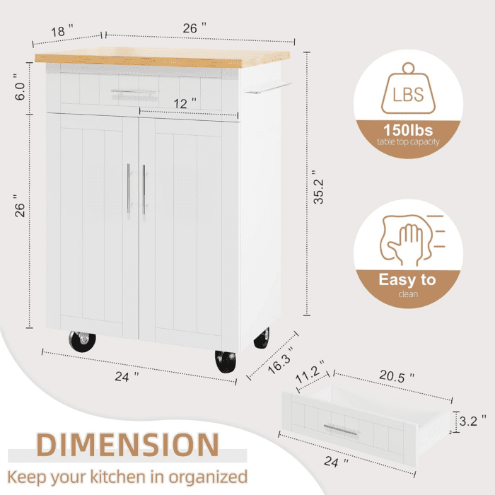 Kitchen Island Cart with Storage,Rolling Side Table on Wheels with Large Worktop, Cabinet,Towel Rack and Drawers for Kitchen,Dinning Room, White - Image 5