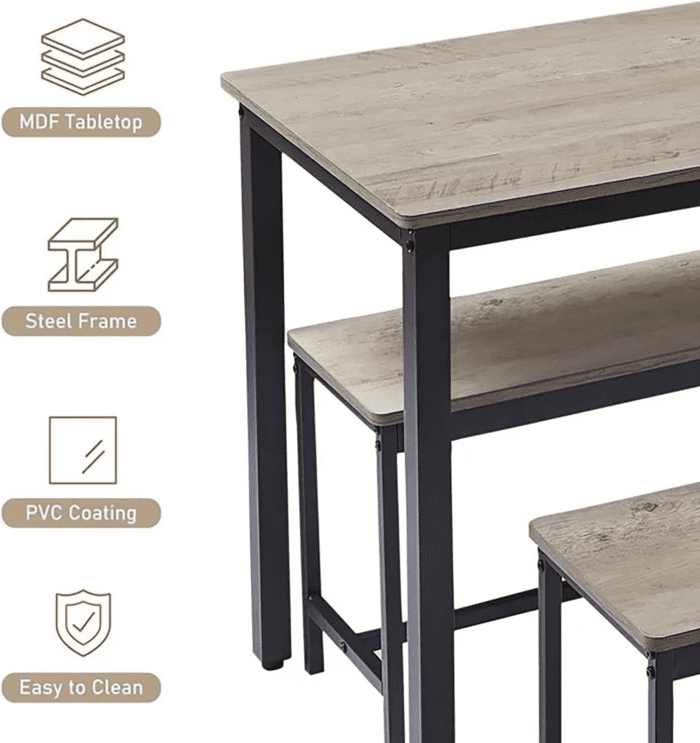 3-Piece 4 Bar 2 Dining Benches, 43.3'' Wood Kitchen Table & Chair Set for Breakfast Nook and Small Space, Grey - Image 6