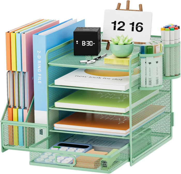 Desk Organizer with File Holder, 5-Tier Paper Letter Tray Organizer with Drawer and 2 Pen Holder, Mesh Desktop Organizer and Storage with Magazine Holder for Office Supplies (Green)