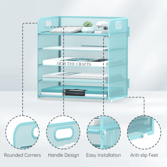 5 Trays Paper Organizer Letter Tray with Handle-Mesh Desk File Organizer, Paper Sorter Desk Organizer for Office, Home or School (Light Blue) - Image 3