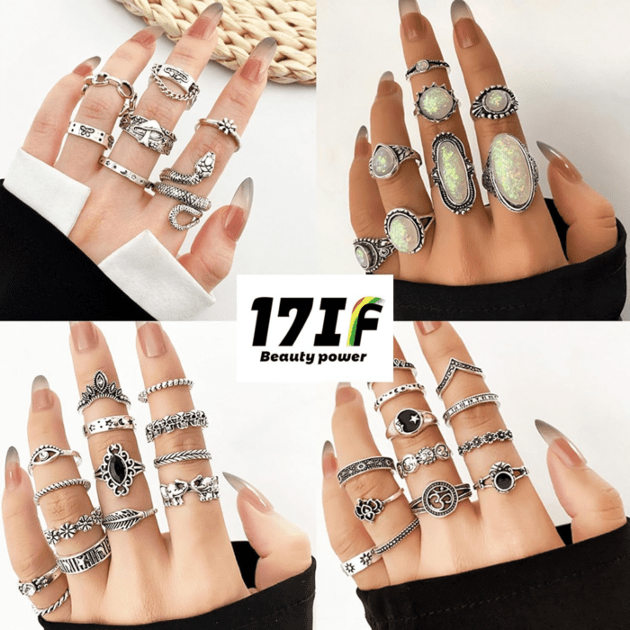 Vintage Silver Knuckle Rings Set for Women Men, Chunky Rings Aesthetic Snake Grunge Stackable Gothic Ring Adjustable Y2K Punk Bulky Boho Finger Alt of Rings, Stacking Fairy Skull Frog Heart Star Flower Midi Ring Pack - Image 4