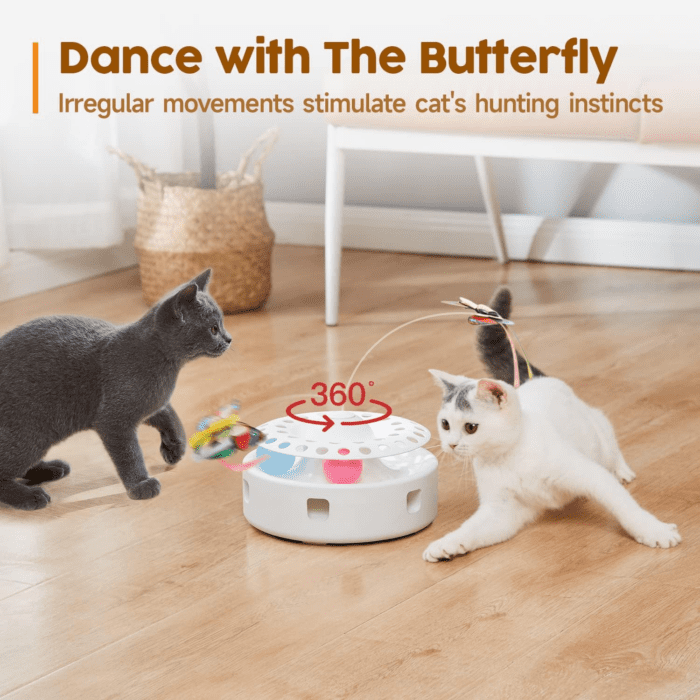 Cat Toys 3In1 Automatic Interactive Kitten Toy, Fluttering Butterfly, Moving Ambush Feather, Track Balls, Dual Power Supplies, USB Powered, Indoor Exercise Kicker (Bright White) - Image 3