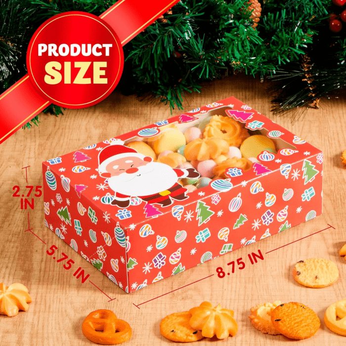 24 PCS Christmas Foil Treats Cookie Gift Box (8.75" X 5.75" X 2.75") Colorful Pattern with Window for Pastries, Cupcakes, Cookies, Brownies, Donuts Gift-Giving - Image 6