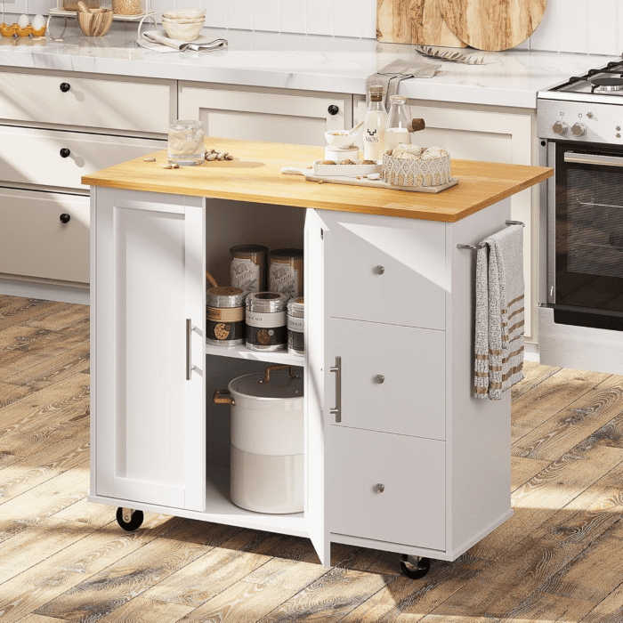 Rolling Kitchen Island Cart with Folding Drop Leaf Breakfast Bar, Portable Trolley Island with Large Storage Cabinet, Shelf and Drawer, White - Image 2