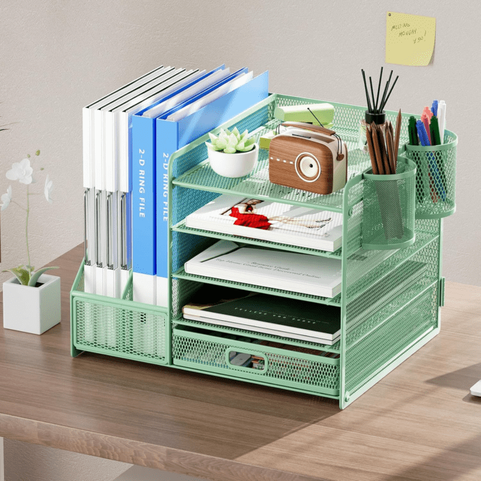 Desk Organizer with File Holder, 5-Tier Paper Letter Tray Organizer with Drawer and 2 Pen Holder, Mesh Desktop Organizer and Storage with Magazine Holder for Office Supplies (Green) - Image 3