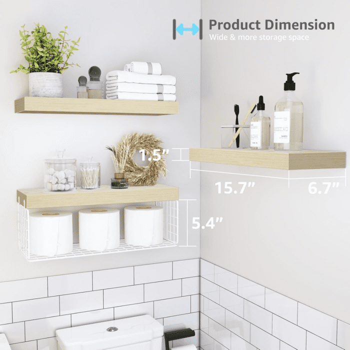 Bathroom Shelves over Toilet - Wall Mounted Floating Shelves Farmhouse Shelf Toilet Paper Storage Small 16 Inch Set of 3, Natural (019-BNW3) - Image 3