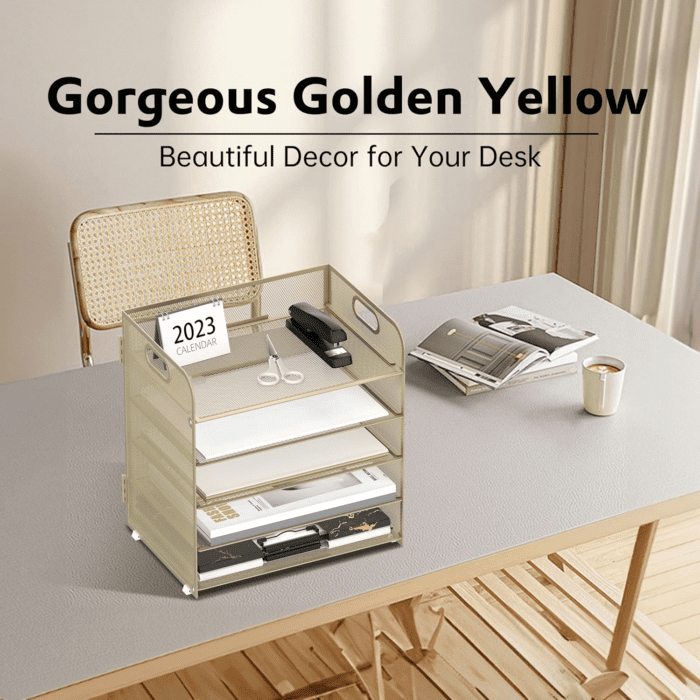 5 Trays Paper Organizer Letter Tray with Handle-Mesh Desk File Organizer,Pink Paper Sorter Desk Organizer for Office, Home or School (Gold Yellow) - Image 2