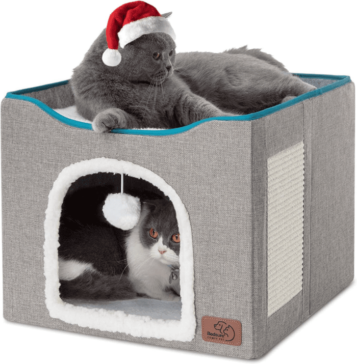 Cat Beds for Indoor Cats - Large Cat Cave for Pet Cat House with Fluffy Ball Hanging and Scratch Pad, Foldable Cat Hideaway,16.5X16.5X13 Inches, Grey