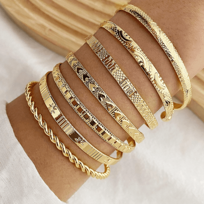 Gold Bangle Bracelets for Women, 14K Gold Plated Multi Layer Stackable Cuff Bracelet Set, Trendy Elegance Charms Non Tarnish Minimalist Textured Boho Jewelry Gift for Women - Image 3