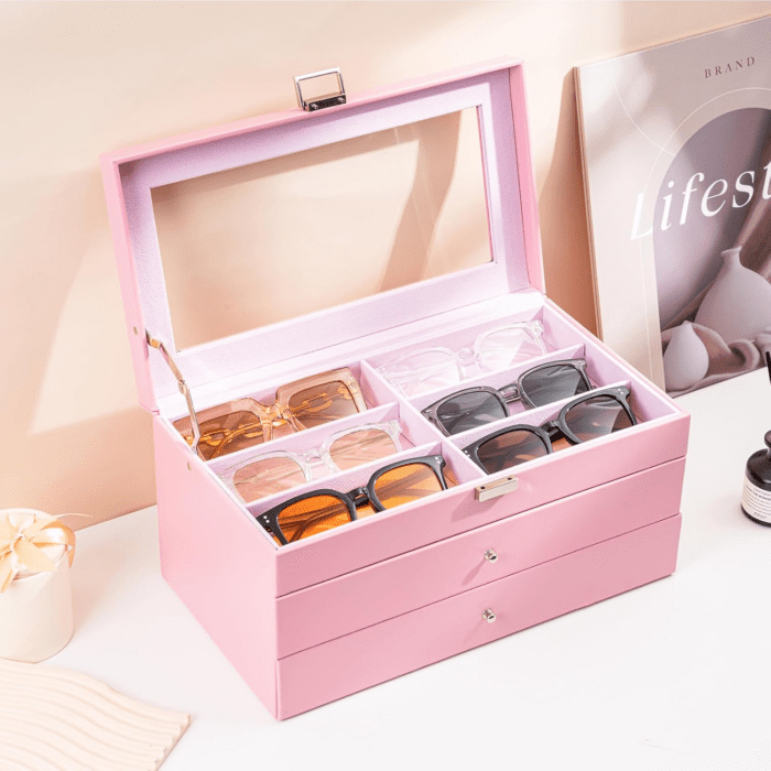 3-Layer Sunglasses Storage Organizer, 18 Slots Leather Sunglass Box Multiple Pairs Eyeglass Cases Eye Glass Eyewear Display Holder for Men Women -Pink - Image 2