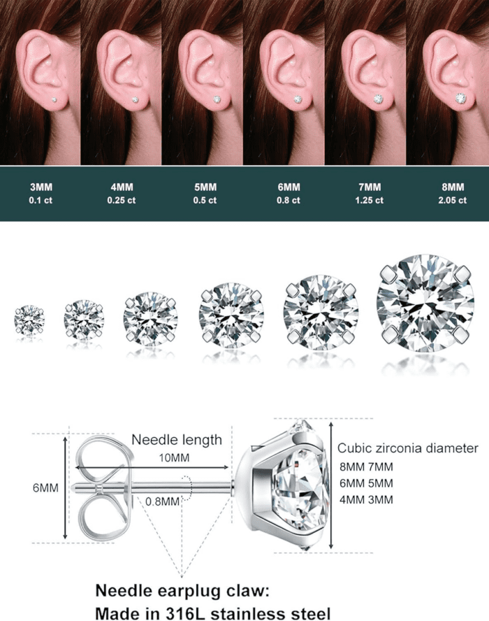 6 Pairs Stud Earrings Set, Hypoallergenic Cubic Zirconia 316L Earrings Stainless Steel CZ Earrings 3-8Mm (Steel Color) - Image 5