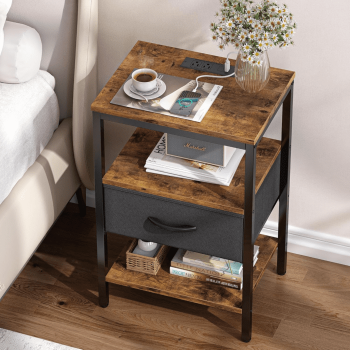 Nightstand with Charging Station, Bed Side Table with Adjustable Fabric Drawer, Night Stand for Bedroom, 3-Tier Storage End Table, for Living Room, Rustic Brown and Black - Image 2