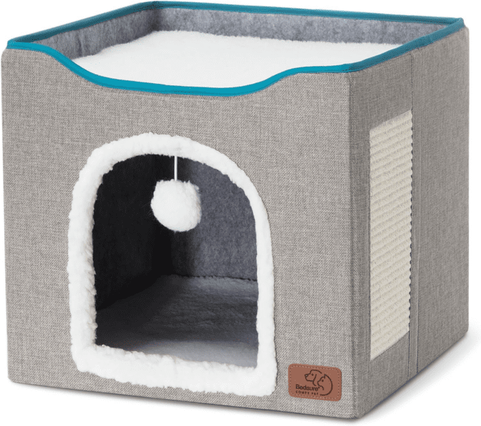 Cat Beds for Indoor Cats - Large Cat Cave for Pet Cat House with Fluffy Ball Hanging and Scratch Pad, Foldable Cat Hideaway,16.5X16.5X13 Inches, Grey - Image 7