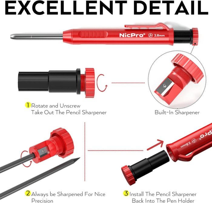 Carpenter Pencil with Sharpener, Mechanical Pencils Set with 26 Refills, Deep Hole Marker for Construction, Heavy Duty Woodworking Pencils for Architect (Black, Red) - with Case - Image 8