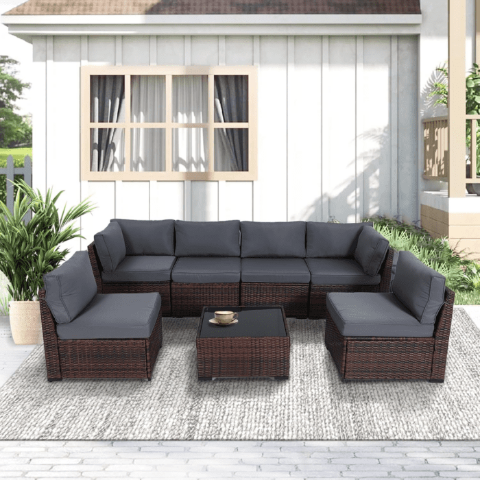 7 Piece Outdoor Furniture Set, PE Rattan Patio Conversation Set, Outdoor Sectional Furniture Sofa Set with Thick Cushions and Coffee Table, Gray - Image 6