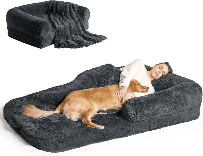 Foldable Human Dog Bed for Adult, Orthopedic Memory Foam Dog Bed for Humans, Waterproof Human Dog Bed for People, Faux Fur Human Sized Dog Bed, Dark Grey, 72"X44"X11"