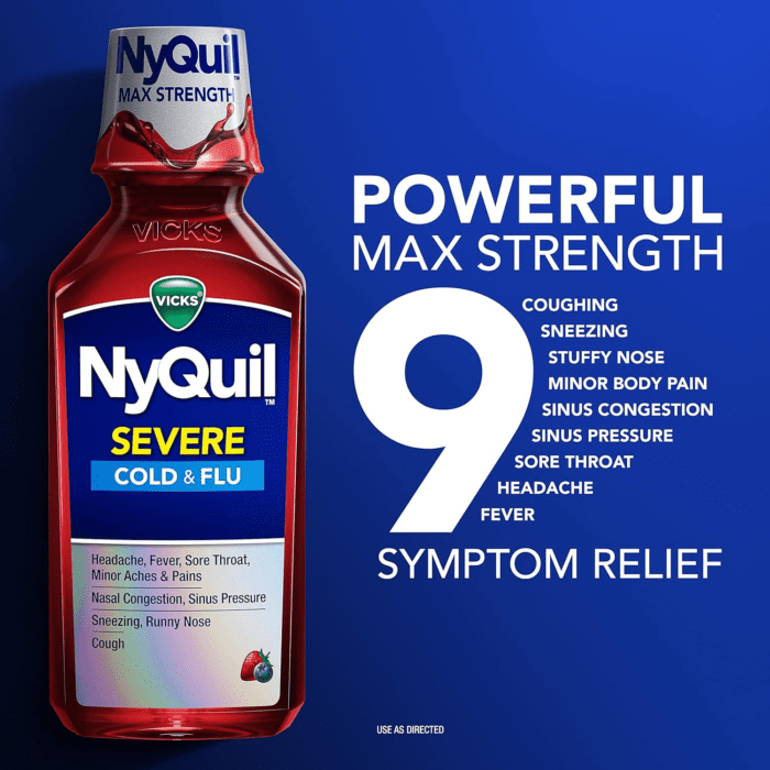 Nyquil SEVERE Cold, Flu, and Congestion Medicine, 2X12 Fl Oz Twin Pack, Berry Flavor, Maximum Strength, Nighttime Relief - Image 3