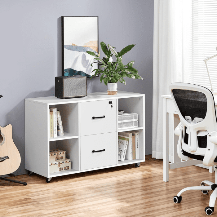 White File Cabinet Mobile Letter Size File Cabinet with 2 Drawers and 4 Open Storage Shelves Large Mobile Lateral Filing Cabinet Printer Stand for Home and Office - Image 2