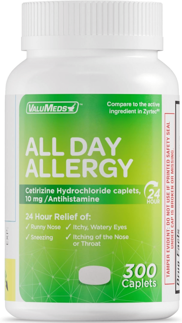 24-Hour Allergy Medicine (300-Count) Antihistamine for Pollen, Hay Fever, Dry, Itchy Eyes, Allergies | Cetirizine Hcl 10Mg Caplets, Compare to Zyrtec