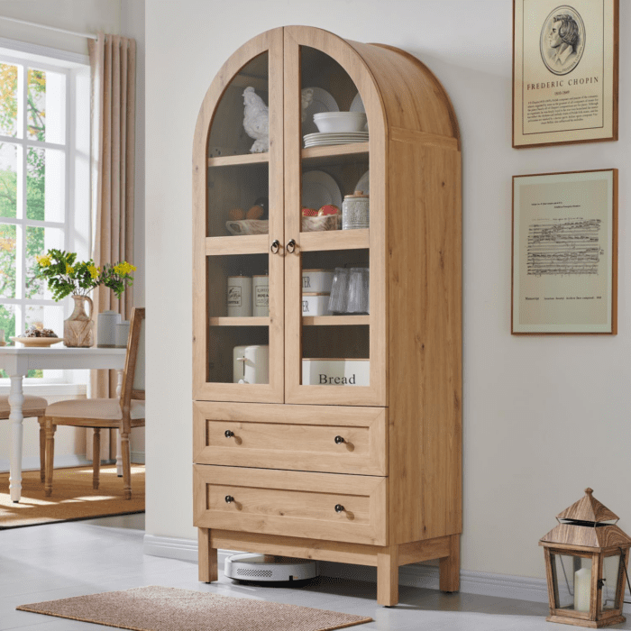 71" Tall Arched Kitchen Pantry, Modern Farmhouse Wood Kitchen Storage Cabinets with 2 Large Drawers and Adjustable Shelves, Versatile Cupboard for Kitchen, Dining Room, Bathroom, Natrual - Image 3