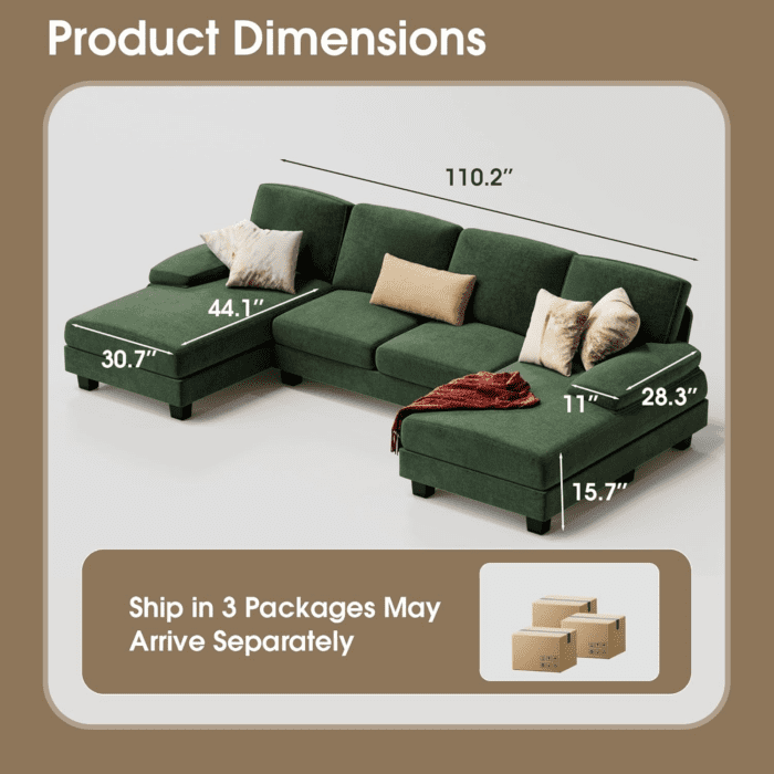 Sectional Couches for Living Room, U-Shaped Sofa Couch with Linen Fabric, 4 Seat Sofa Set with Double Chaise for Apartment (Fabric, Green) - Image 2