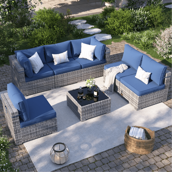 Patio Furniture Set, 7-Piece Outdoor Sectional with Waterproof Cover, All-Weather Wicker Patio Conversation Sets for Backyard (Grey with Navy Cushion)