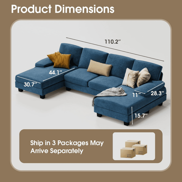 Sectional Couches for Living Room, U-Shaped Sofa Couch with Linen Fabric, 4 Seat Sofa Set with Double Chaise for Apartment (Fabric, Blue) - Image 2