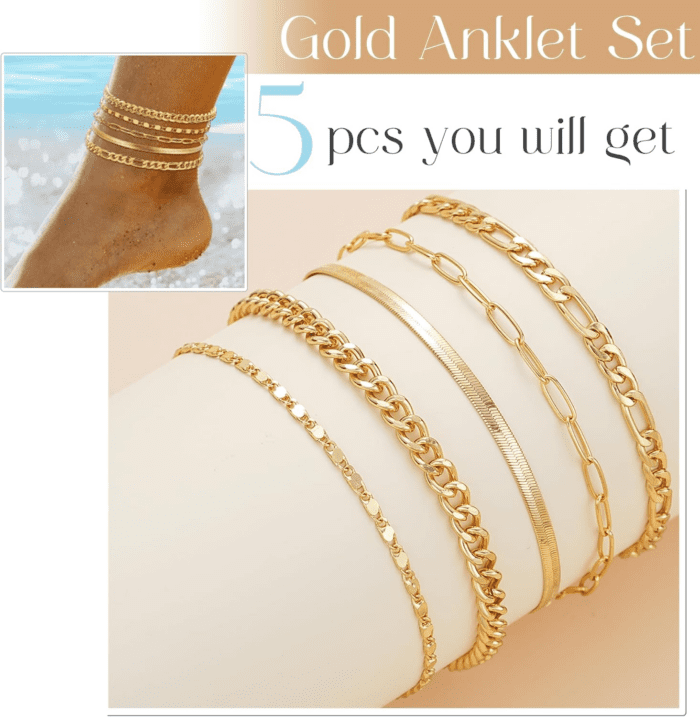 Gold Ankle Bracelets for Women, 14K Gold Plated Waterproof Cuban Link Chain Anklets Set, Layered Anklet Bracelets for Women Beach Gift Adjustable Size 5Pc - Image 5