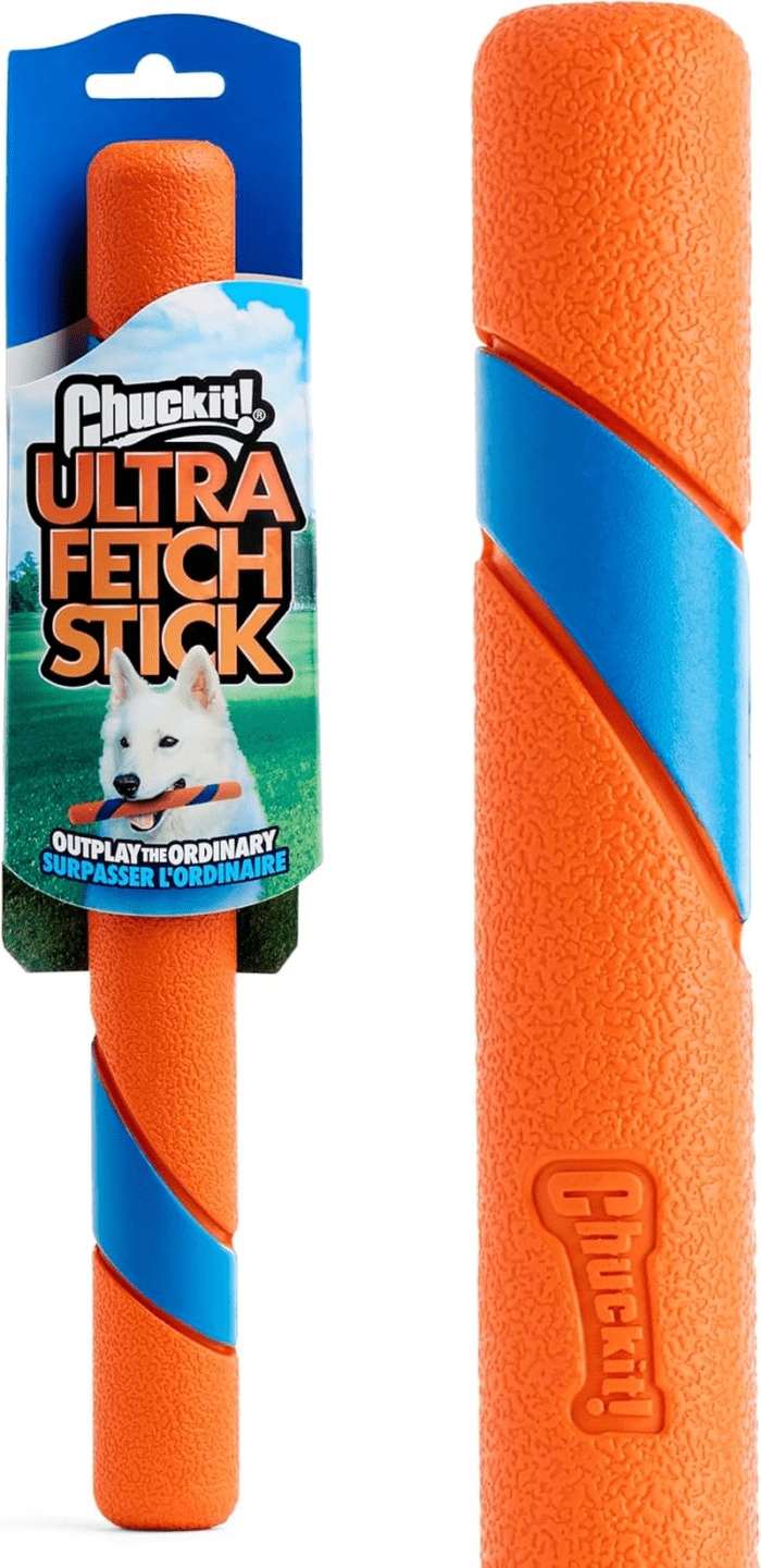 Ultra Fetch Dog Stick for All Breed Sizes - Perfect for Small, Medium, and Large Dogs - Outdoor Fetching and Throwing Pet Toy - Made from Durable Rubber - 12 Inches - Orange and Blue