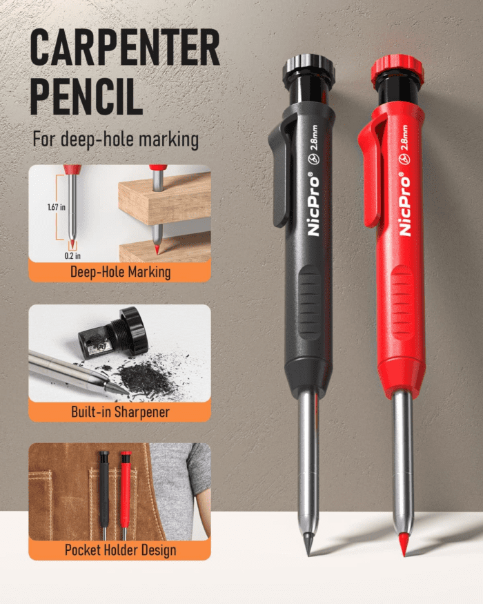 Carpenter Pencil with Sharpener, Mechanical Pencils Set with 26 Refills, Deep Hole Marker for Construction, Heavy Duty Woodworking Pencils for Architect (Black, Red) - with Case - Image 2