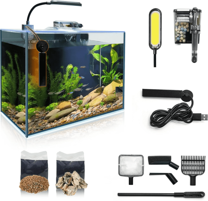 3 Gallon Betta Fish Tank Small Aquarium Starter Kit, with Heater Self Cleaning System Efficiency Filter Bright Light Rocks Gravel Cleaning Tool Set, HD Float Complete Glass Leak-Proof Gift Present